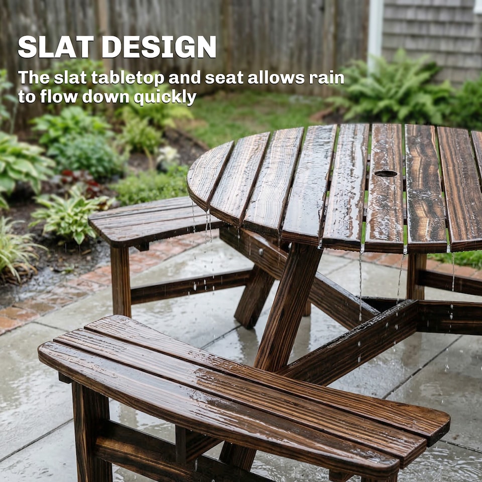 image 1 of Outsunny 6 Person Fir Wood Table Bench Set Outdoor Garden Patio, Carbonized | Brown | Carbonised finish | Table: 90 x 70 cm; Bench: 80 x 25 x 42 cm