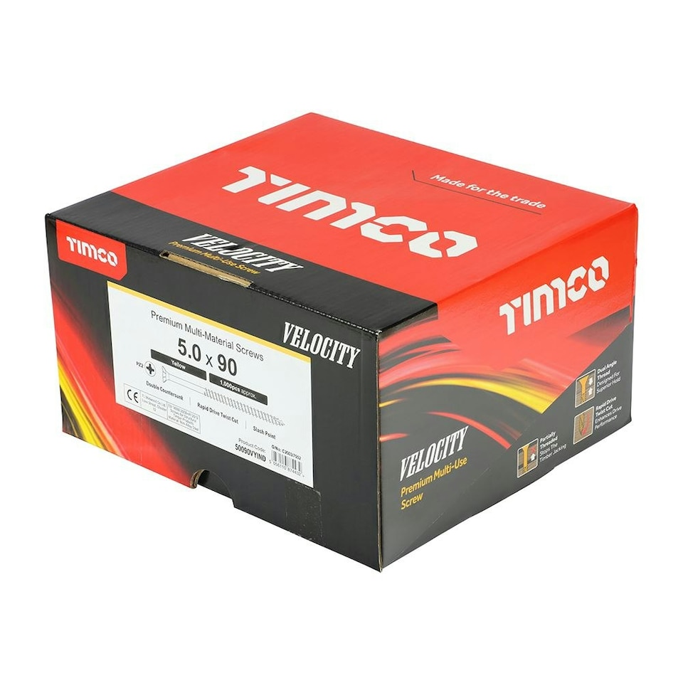 image 1 of Timco - Velocity Premium Multi-Use Screws - PZ - Double Countersunk - Yellow (Size 5.0 x 90 - 1000 Pieces)