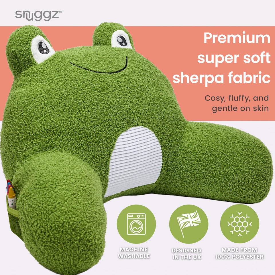 image 1 of Snuggz Frog Cuddle Cushion with Side Pocket with Carry Handle 3D Novelty Design Back Support Soft Cosy Bed Pillow - 59 x 36 x 34 cm