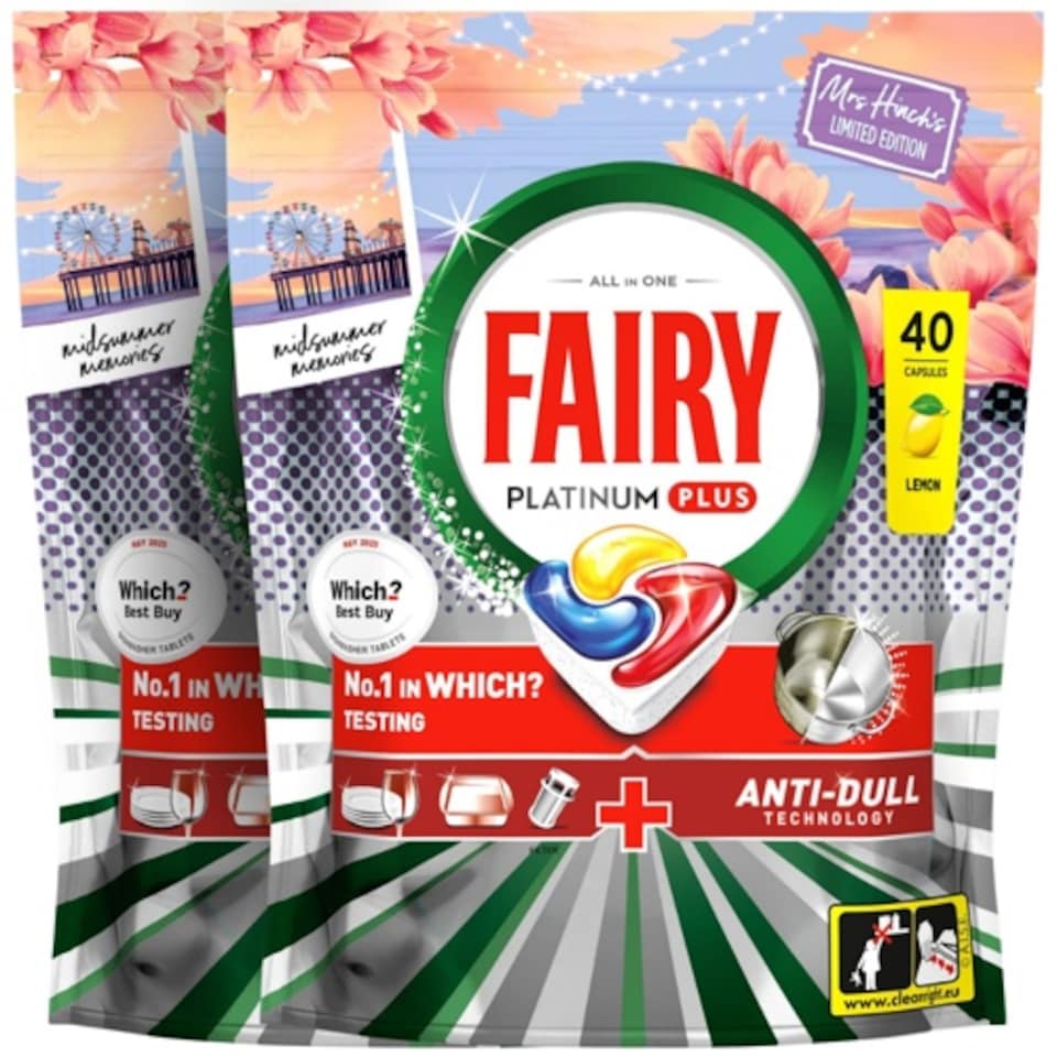 image 1 of Fairy Platinum Plus Mrs Hinch's Midsummer Memories 40 Wash Dishwasher Tablets