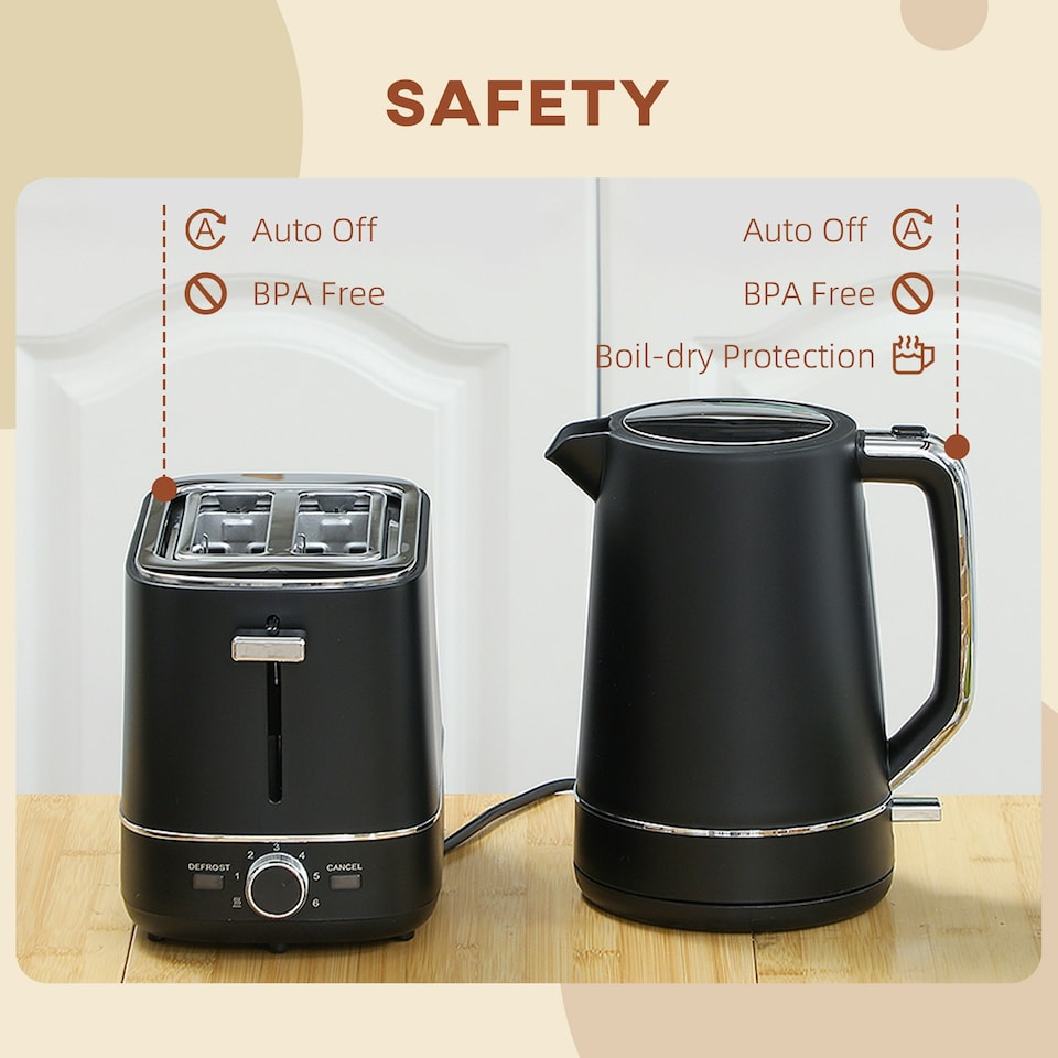 image 1 of HOMCOM 1.7L 3000W Fast Boil Electric Kettle and 2 Slice Toaster Set, Black
