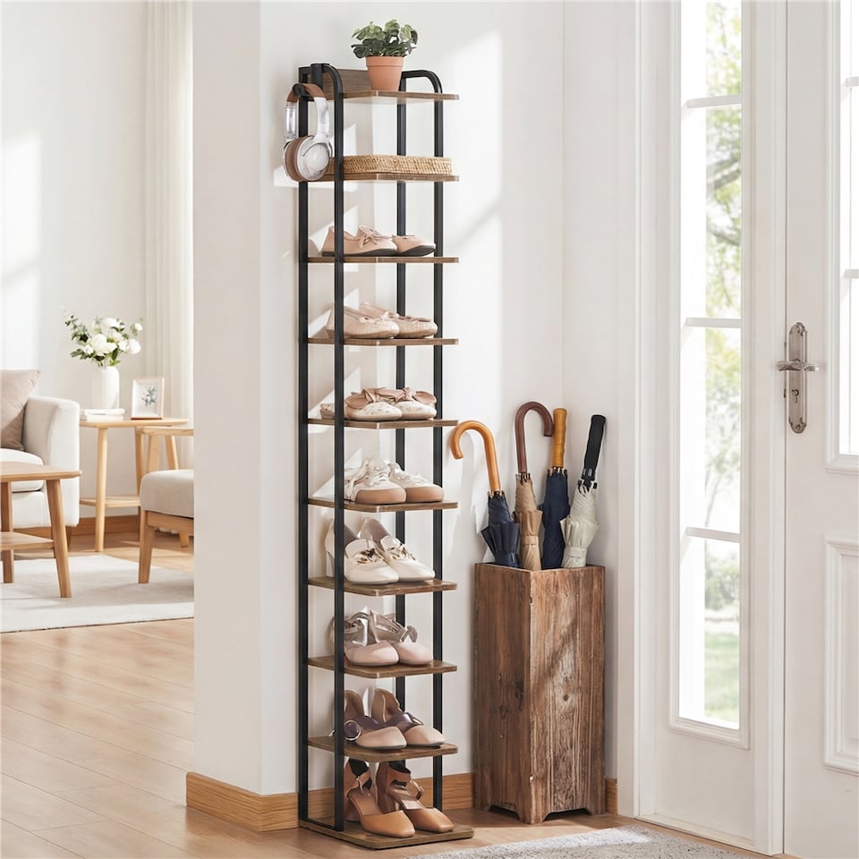 image 1 of Yaheetech 10-Layer Rustic Vintage Shoe Rack for Compact Spaces-Rustic Brown