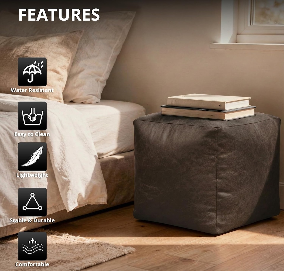 image 1 of Cube Shape PU Leather Footstool Bean Bag (Chocolate,40x40x40cm)