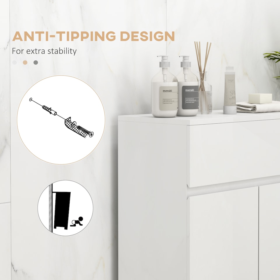 image 1 of kleankin High Gloss Bathroom Floor Cabinet Storage Cupboard with Drawer | White