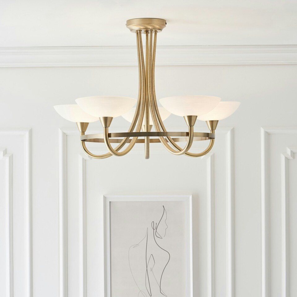 image 1 of Cagney 5 Light Semi Flush Multi Arm Ceiling Light Antique Brass, White Glass, G9
