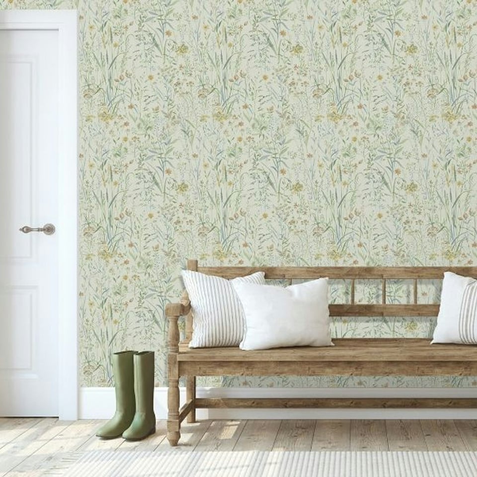 image 1 of Grandeco Floral Vinyl Textured Wallpaper - Sage Green - 10.5m x 53cm | Green
