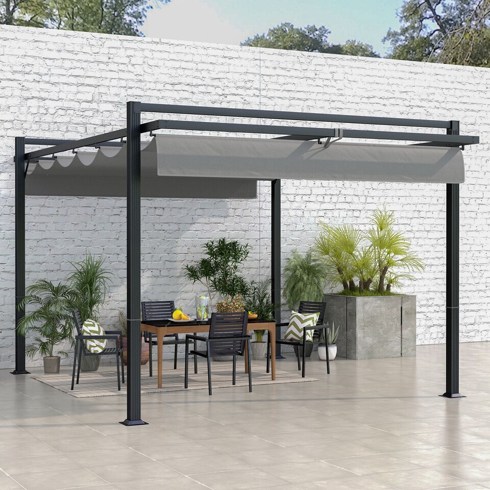image 1 of Outsunny 3 x 4m Pergola with Retractable Roof Canopy, Aluminium Frame Garden Gazebo Outdoor Sun Shade Shelter for Grill, Patio, Deck, Dark Grey