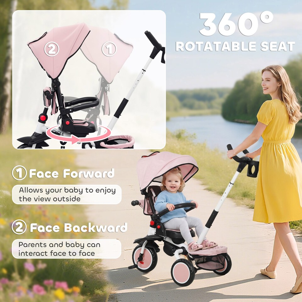 image 1 of AIYAPLAY Kids Trike, Toddler Tricycle 6 in 1 Foldable Baby Trike with Adjustable Parent Handle & Canopy, Convertible Seat, 5-Point Harness, Storage Basket & Bag for Ages 1-5 Years, Pink