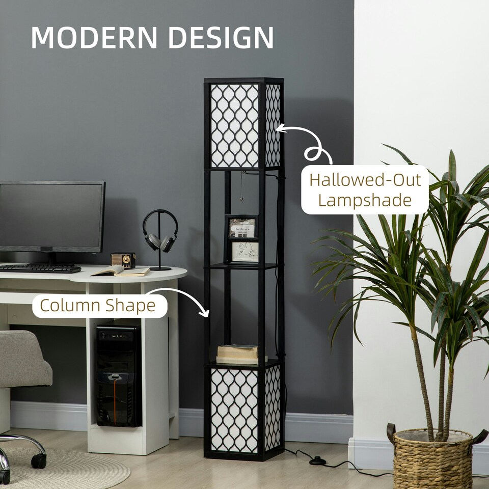 image 1 of HOMCOM 2-Light Modern Floor Lamp with Shelves for Living Room, Bedroom, Black