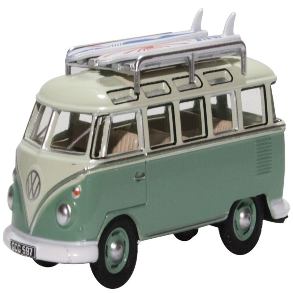 Oxford Diecast VW T1 Samba Bus/Surfboards Turquoise/Blue White