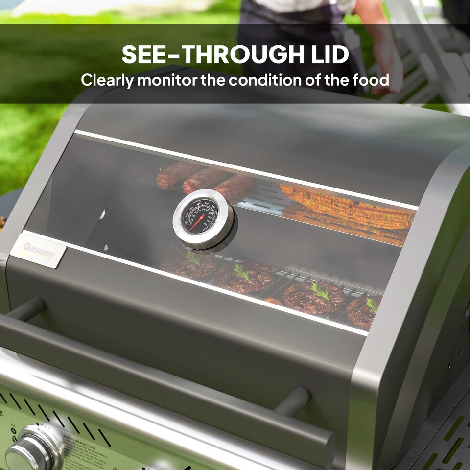 image 1 of Outsunny 3 Burner Propane Gas BBQ Grill with See-through Lid and Thermometer