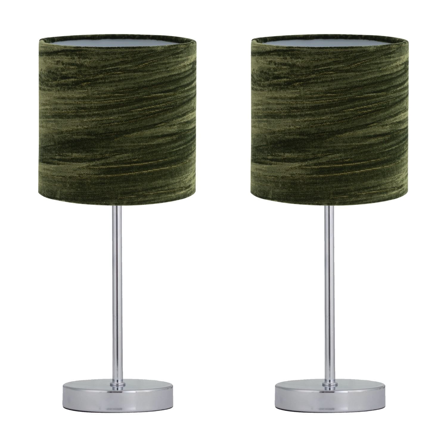 First Choice Lighting Set of 2 Chrome Stick Table Lamps with Green Crushed Velvet Shades in Silver
