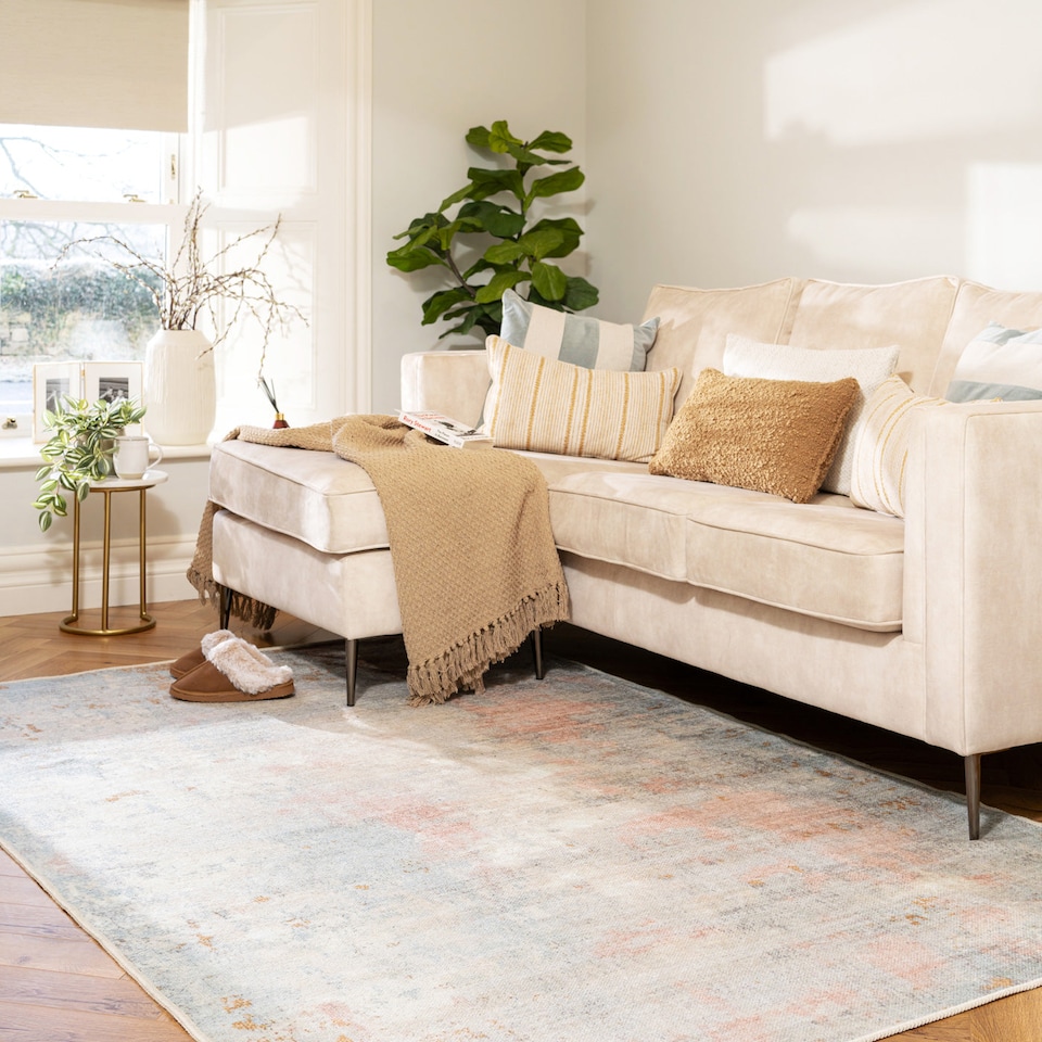 image 1 of KUKOON Beige Pastel Pink Distressed Abstract Washable Living Room Area Rug 120cm x 170cm