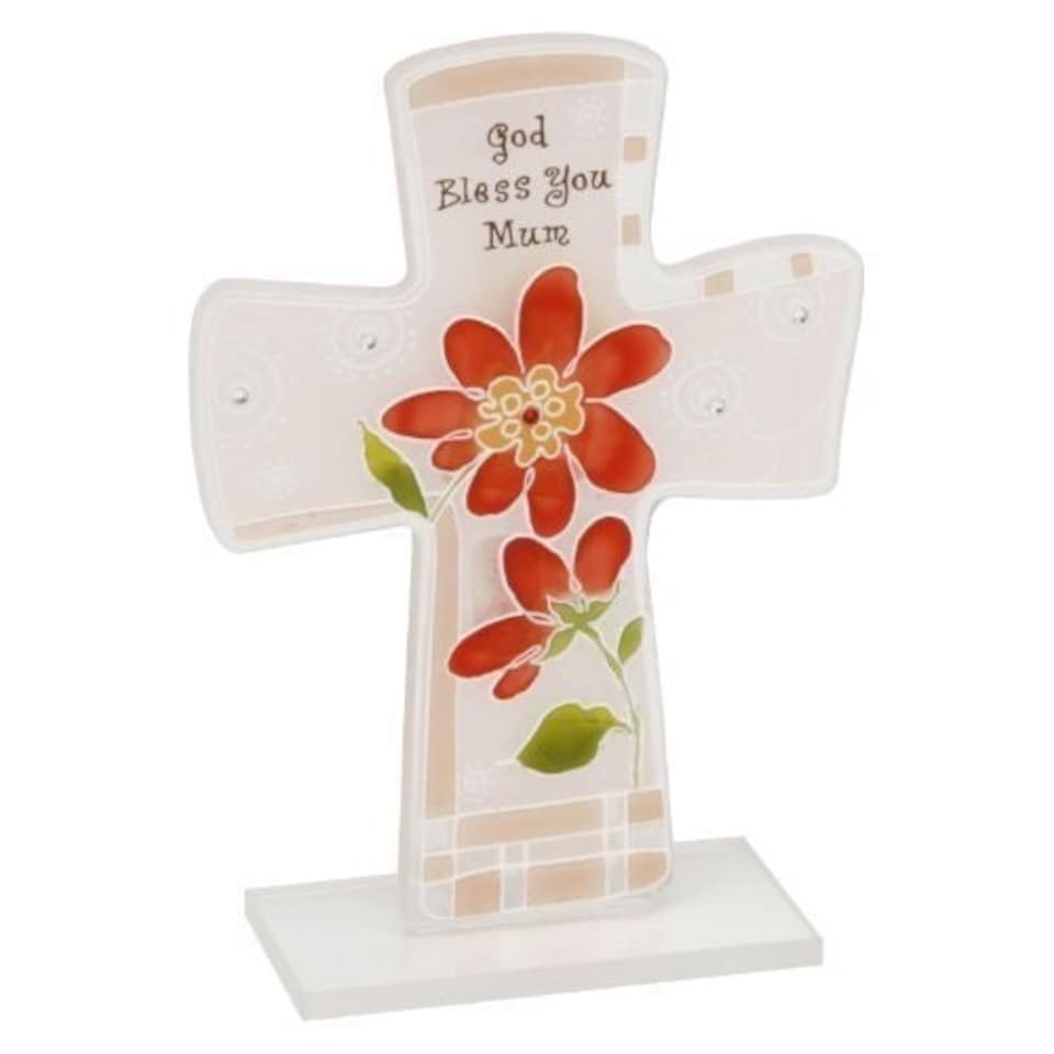 image 1 of Mum sentiment glass cross 'God bless you mum'