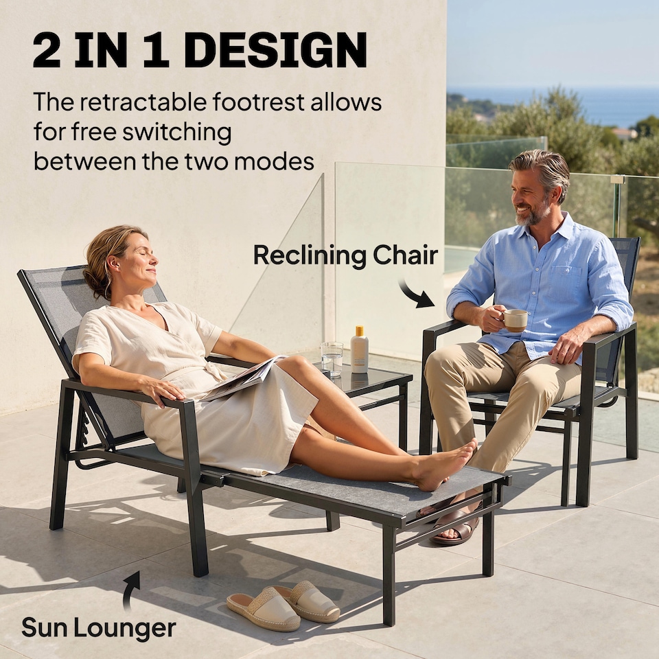 image 1 of Outsunny Sun Loungers Set of 2 w/ Retractable Footrest 5-Position Adjustable | Grey | One Size