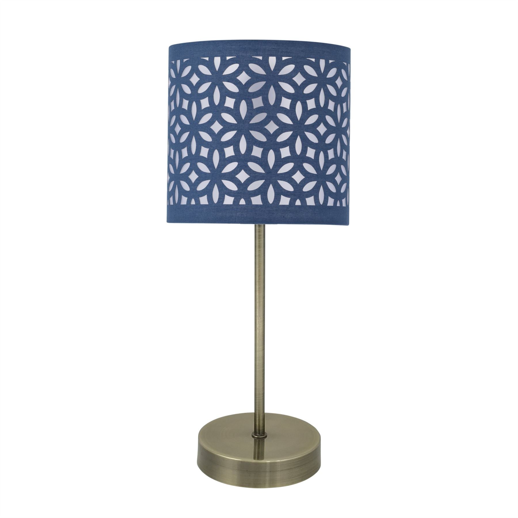 First Choice Lighting Antique Brass Stick Table Lamp with Navy Blue Laser Cut Shade in Bronze