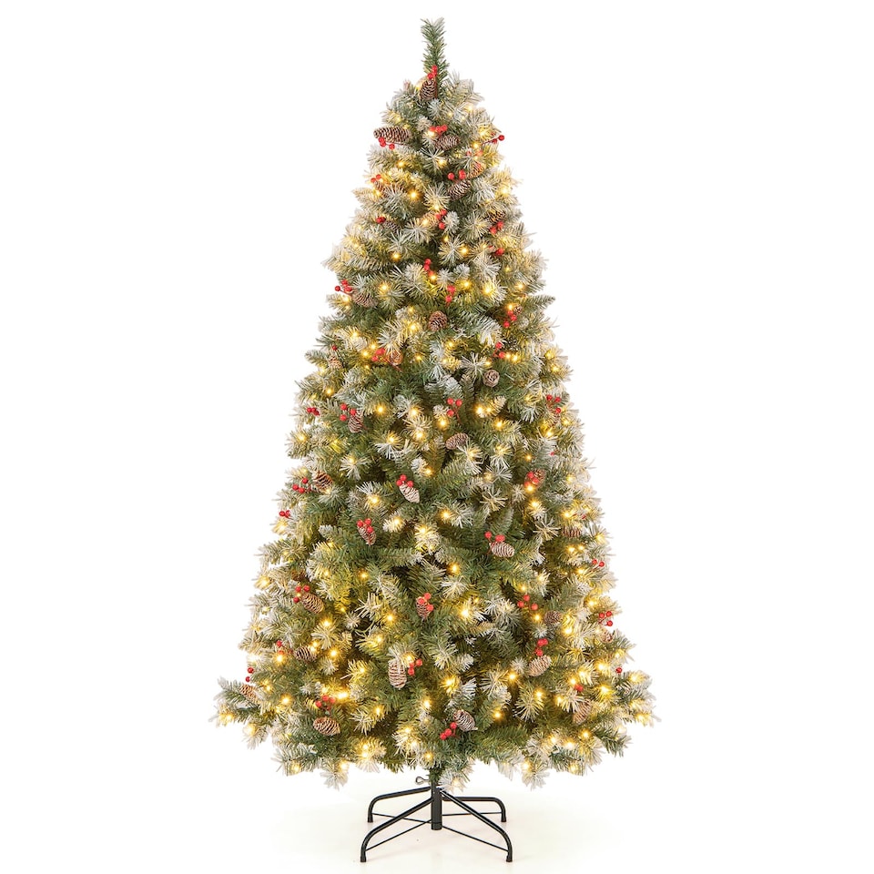 image 1 of COSTWAY 6.5FT Pre-lit Christmas Tree Artificial Hinged Xmas Tree with 909 Branch Tips