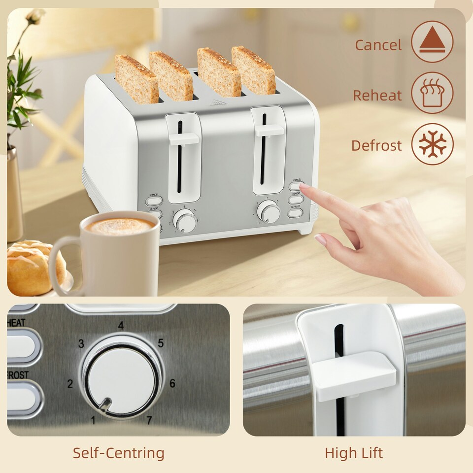 image 1 of HOMCOM 1.7L 3000W Quick Boil Kettle and 4 Slice Toaster Set Crumb Tray White