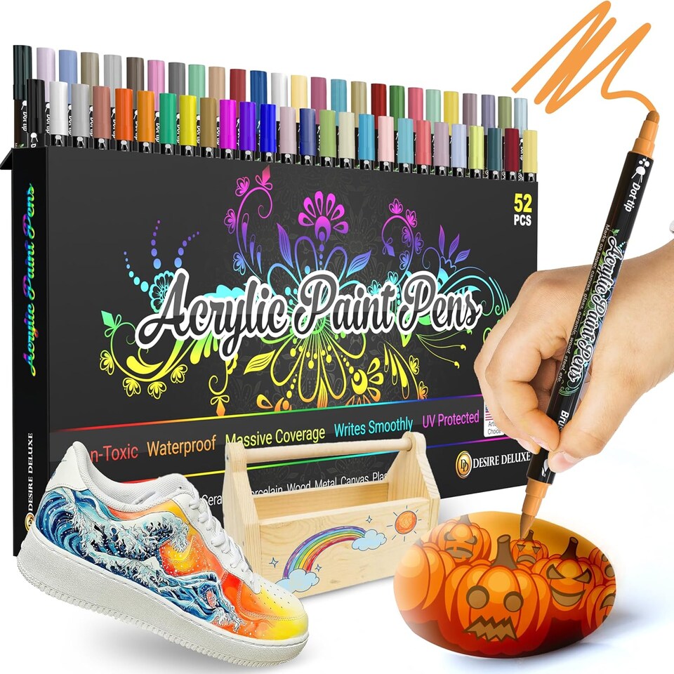 image 1 of Desire Deluxe Acrylic Paint Pens for Rock Painting, Stone, Ceramic, Glass, Wood, Canvas – Set of 52 Non Toxic Water Based Markers - Great Artists Painting Supplies