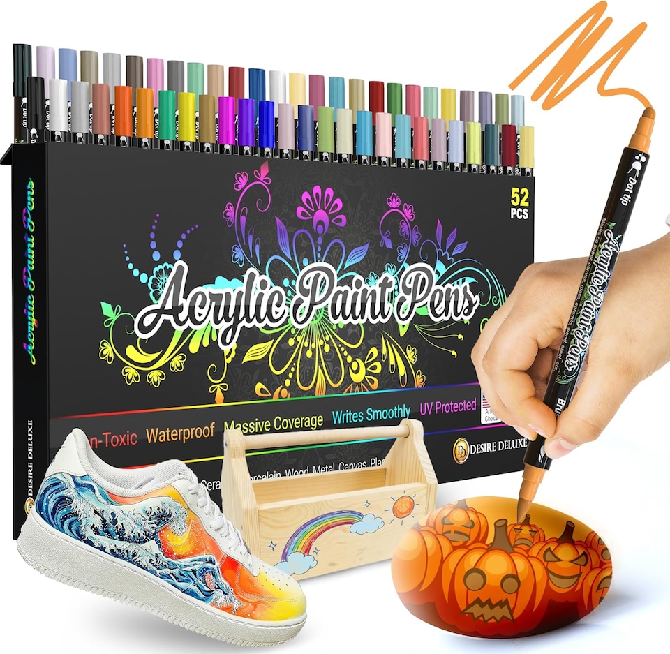 image 1 of Desire Deluxe Acrylic Paint Pens for Rock Painting, Stone, Ceramic, Glass, Wood, Canvas – Set of 52 Non Toxic Water Based Markers - Great Artists Painting Supplies