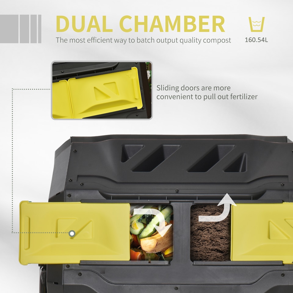 image 1 of Outsunny 160L Outdoor Tumbling Compost Bin with Dual Chamber | Yellow | Yellow | One Size