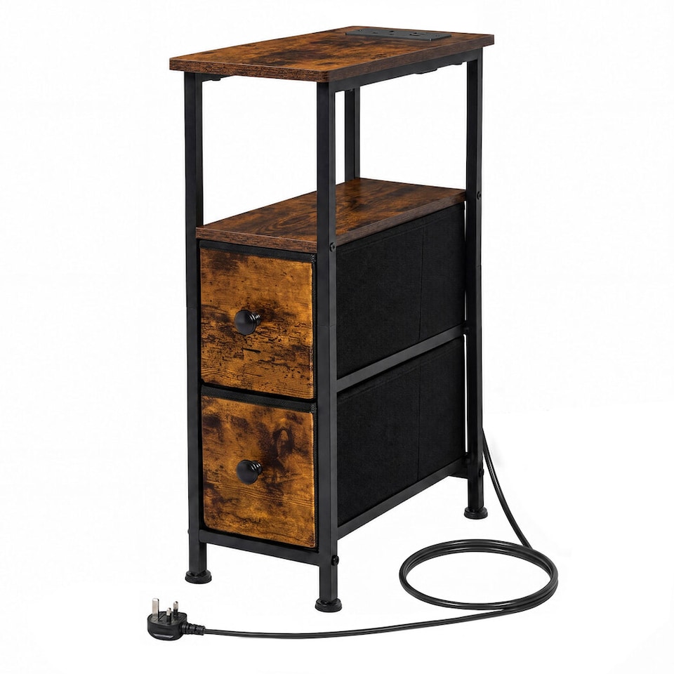 image 1 of Levede Bedside Table Narrow Side Table with LED Charging Station Storage Brown