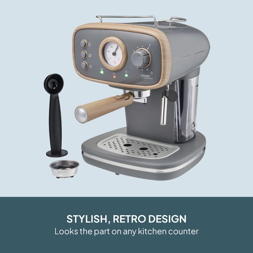image 1 of Cooks Professional 15-Bar Retro Espresso Coffee Machine 1.2L with Frothing Steam Wand | Grey | Nordic Grey