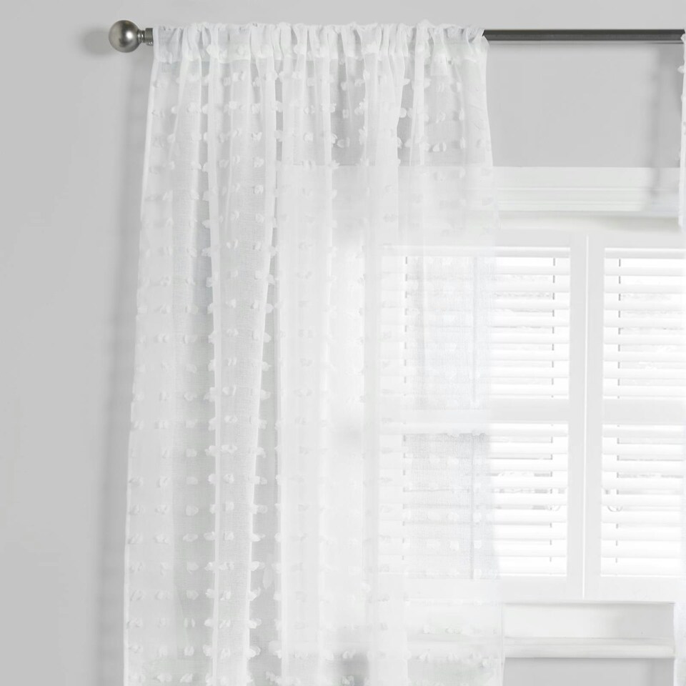 image 1 of OHS Pompom Tufted Textured Slot Top Sheer Net 2 Panel Voile Curtains, 55x87" - White