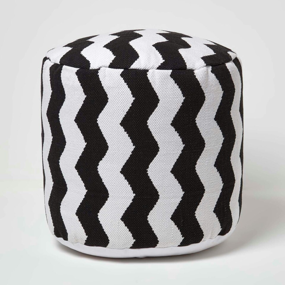 image 1 of Homescapes Circular Cube Bean Footstool with Black and White Chevron Pattern