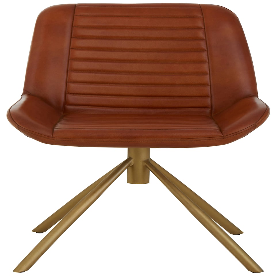 image 1 of Interiors by Premier Tan Genuine Leather Chair, Pleated Channel‑Detail Tan Leather Seat & Back, Gold‑Finish Angular Iron Legs Brown