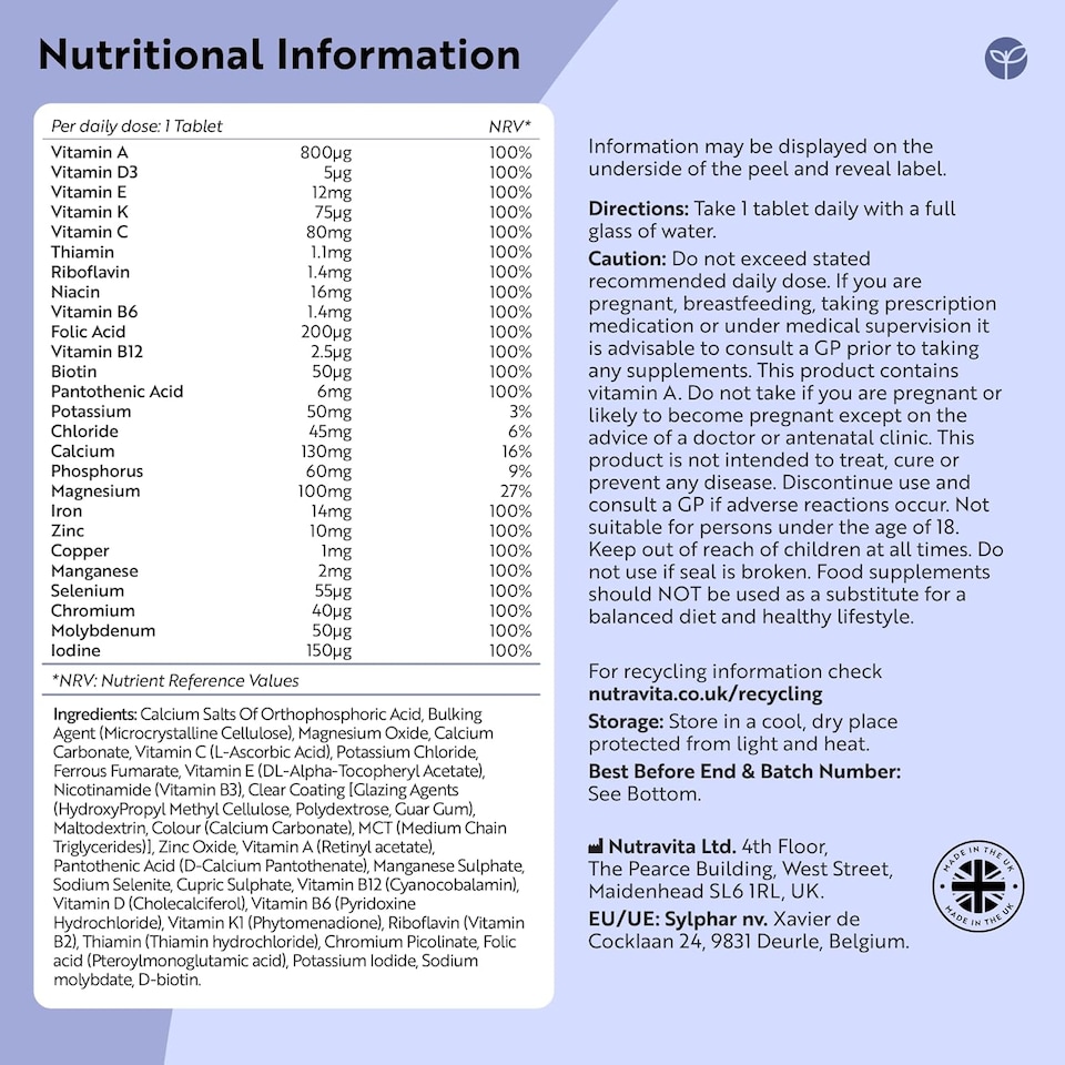 image 1 of Nutravita Multivitamins & Minerals - 26 Essential Active Vitamins & Minerals for Immune System Support - Made in the UK - 365 Vegan Tablets
