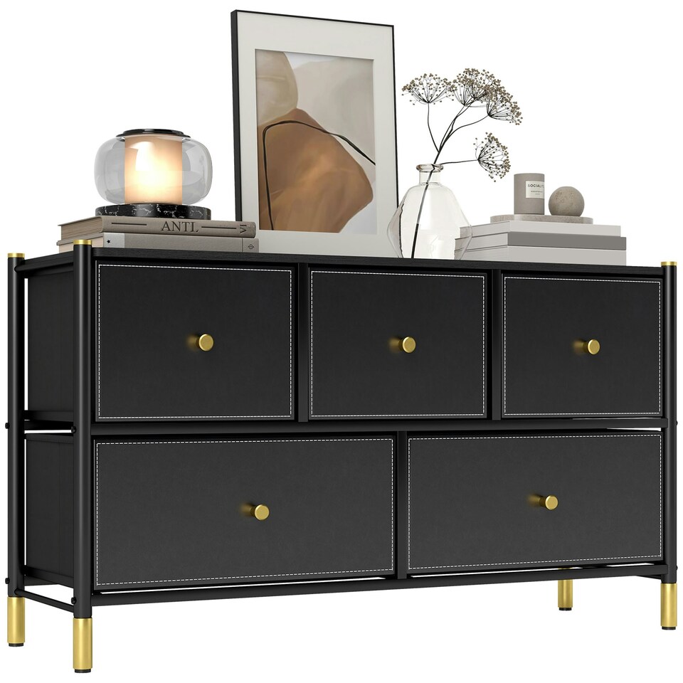 image 1 of HOMCOM Fabric Chest of Drawers with PU Leather Surface, for Bedroom