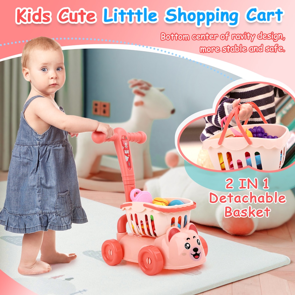 image 1 of Little Bear Trolley Toy Set with 35 Colourful Food and Kitchen Accessories