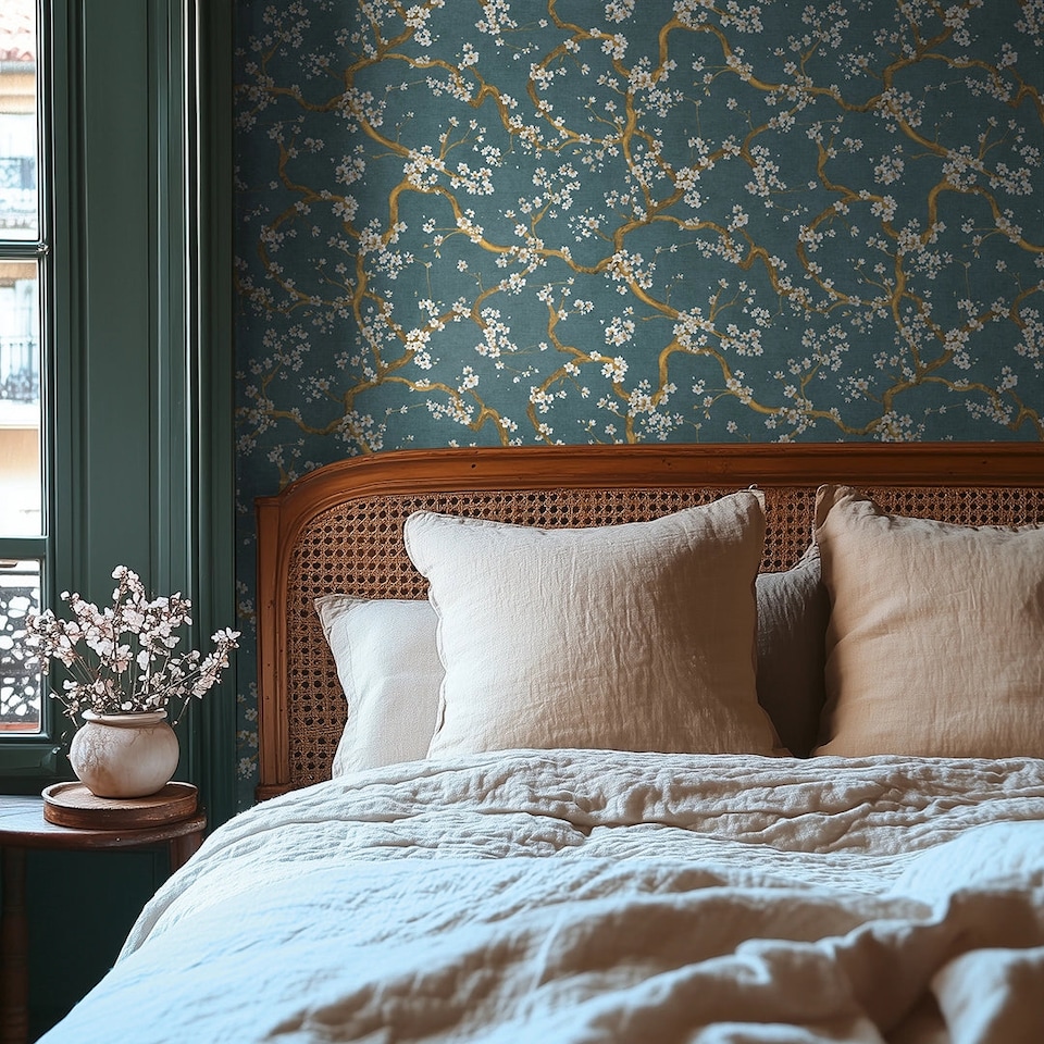 image 1 of Oriental Blossom Wallpaper in Teal | Green | Green