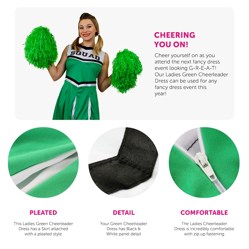 image 1 of Green Cheerleader Fancy Dress Costume Green | XL