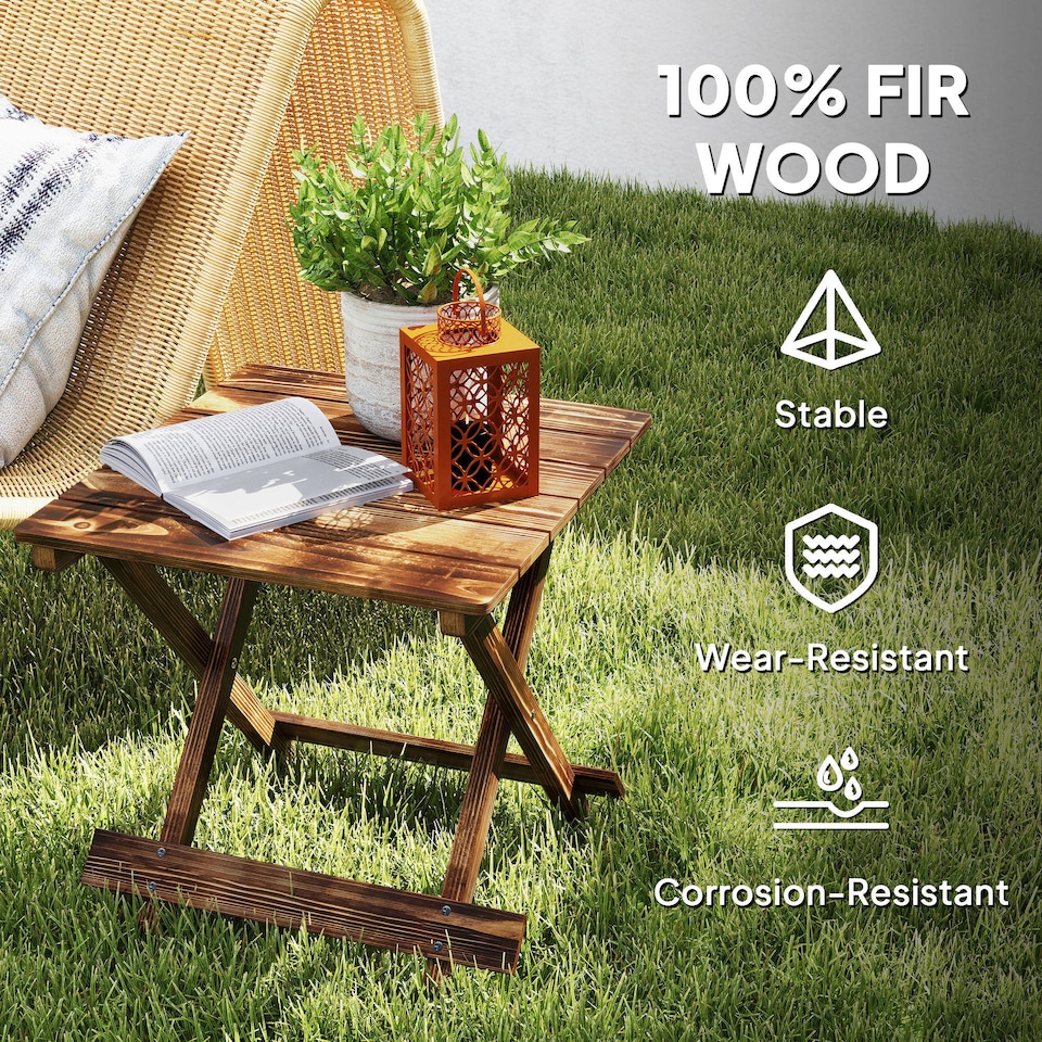 image 1 of Outsunny Wooden Folding Garden Table, Folding Side Table | Brown | Carbonised finish | 43 x 40 x 40 cm