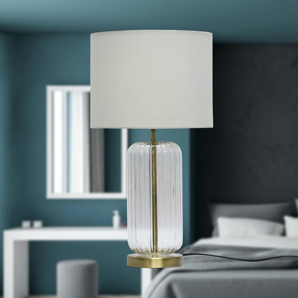 image 1 of First Choice Lighting Walpole Clear Fluted Glass and Antique Brass 49cm Table Lamp with Ivory Fabric Shade Bronze | White