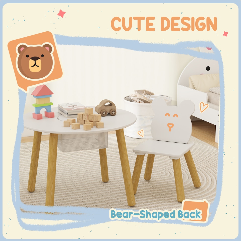 image 1 of AIYAPLAY 3 Pieces Toddler Table and Chair Set w/ Centre Mesh Bag, White