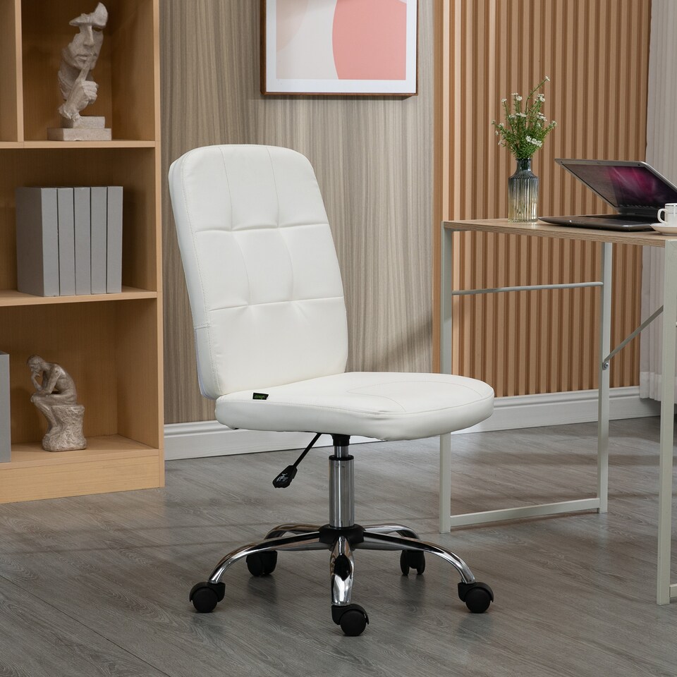 image 1 of Vinsetto Armless Office Chair, Faux Leather Desk Chair with Adjustable Height, Button Tufted, White
