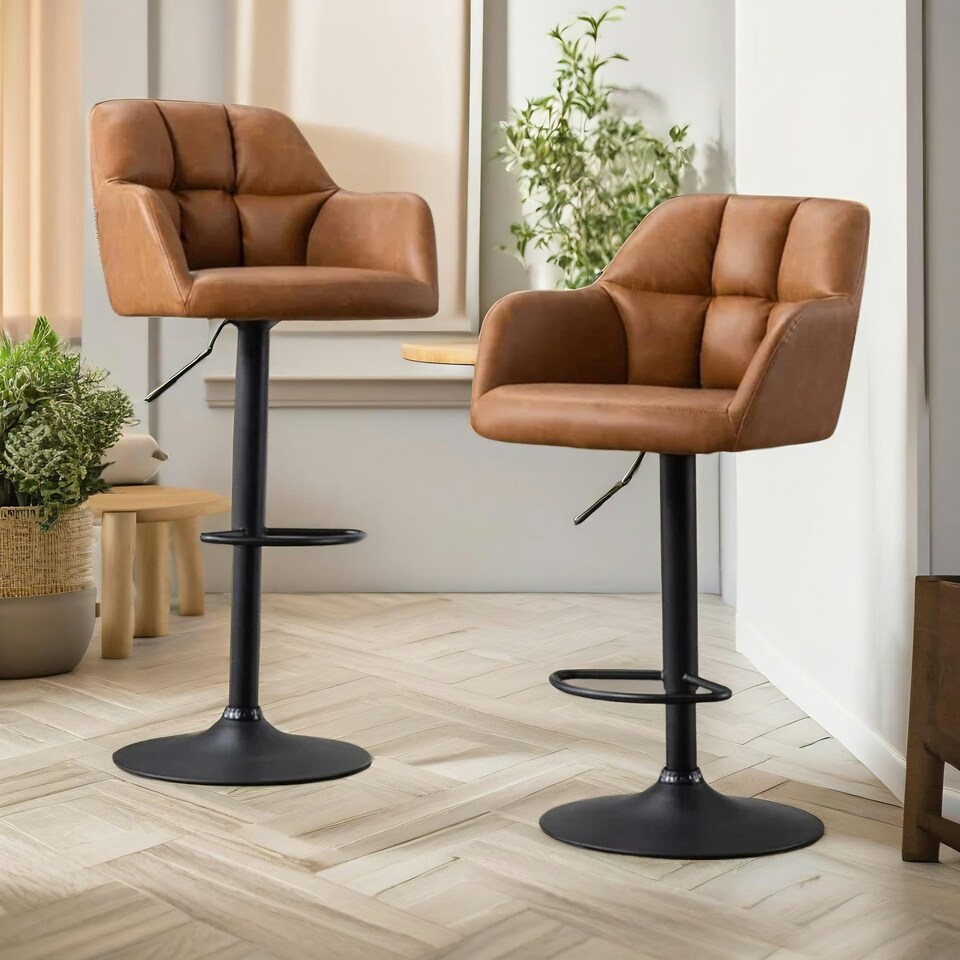 image 1 of 2PC Height Adjustable 360 PU Leather Swivel Barstools Set With Armrest Brown Brown