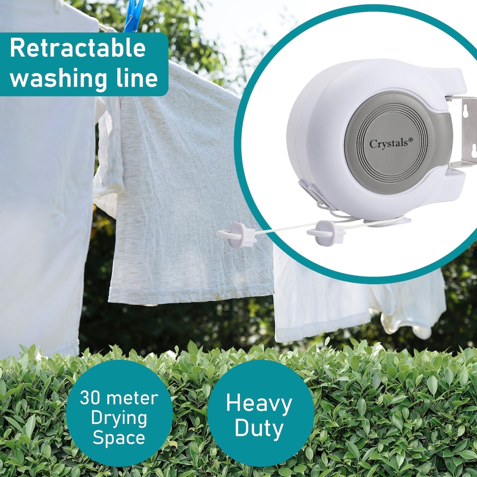 image 1 of 30M Retractable Reel Clothes Lines Washing Line with Twin Cable Wall - Mounted