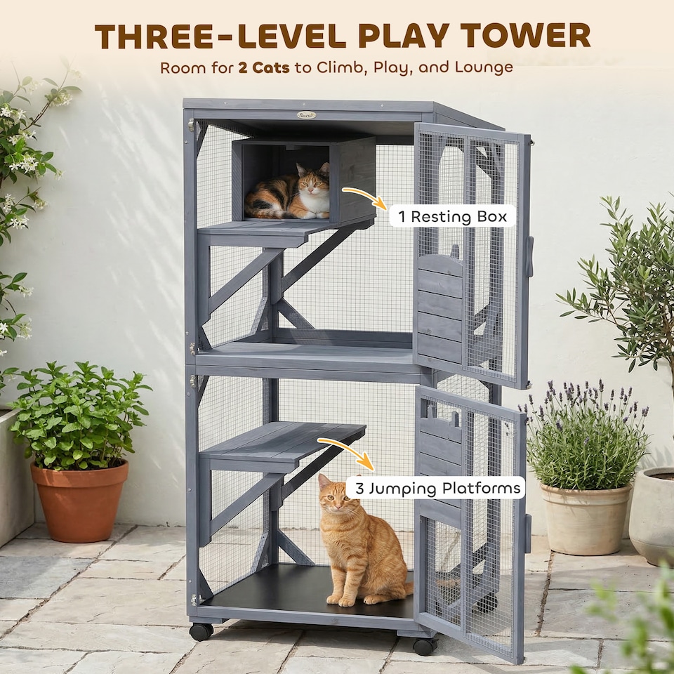 image 1 of PawHut Outdoor Catio, Wooden Cat House on Exercise Wheels Indoor Outdoor