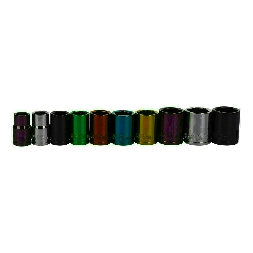 image 1 of 20pc Coloured 3/8" Dr Shallow & Deep Sockets 6 Point Hex Metric 10 - 19mm Rails