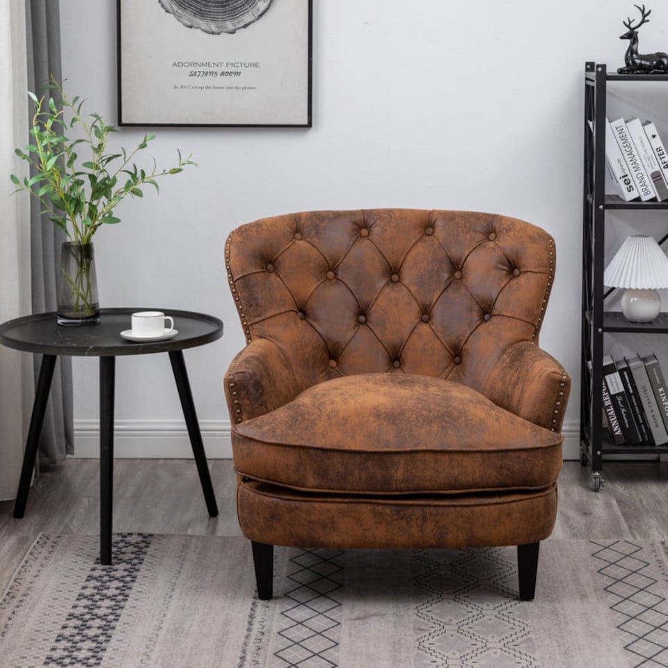 image 1 of Faux Leather Suede Brown Buttoned Ava Accent Chair