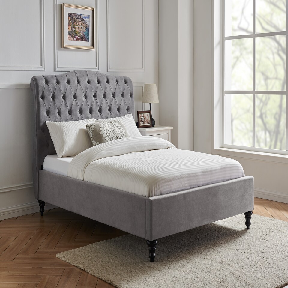 image 1 of 6ft Super King fabric upholstered,light grey,buttoned back,curved bed frame,bedstead
