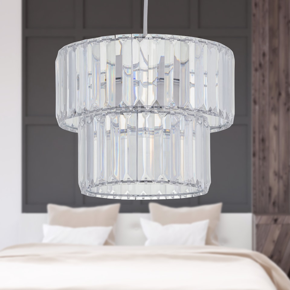 image 1 of Set of 2 Clint - Clear Acrylic Two Tier Easy Fit Pendant Shades | Clear | Clear acrylic with polished chrome plate detail | 2