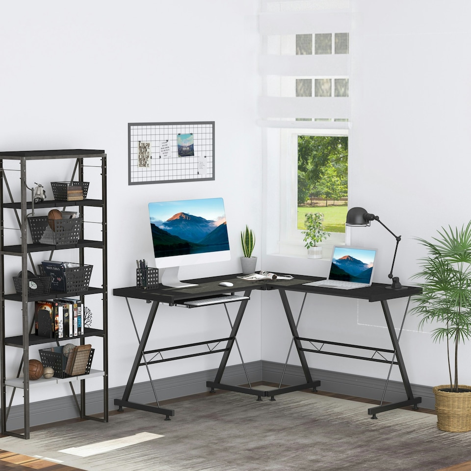 image 1 of HOMCOM L Shape Desk Straight Corner Table Office Gaming Laminated Sturdy Black