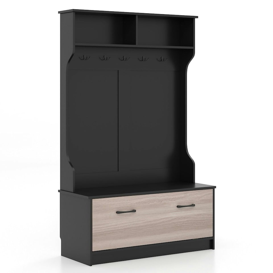image 1 of COSTWAY 3-in-1 Freestanding Hall Coat Rack Stand Shoe Bench Black Black | One Size