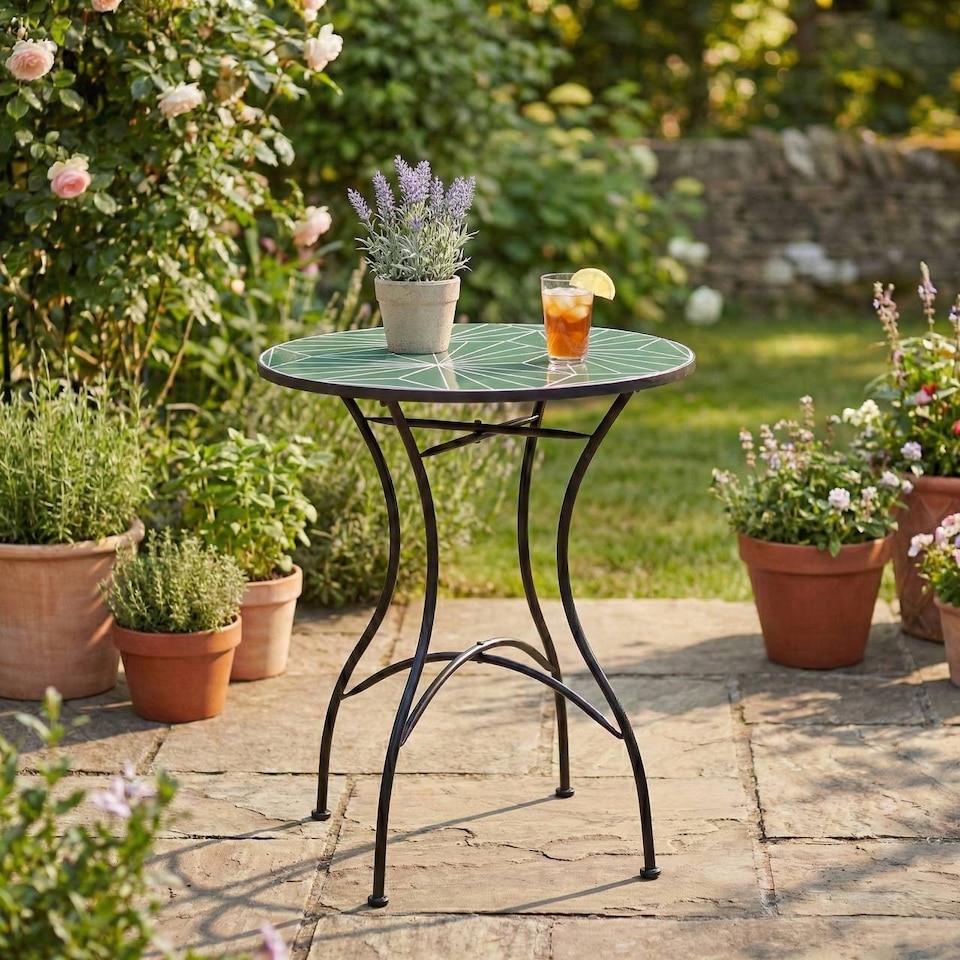 image 1 of 60cm Round Mosaic Ceramic Garden Bistro Table | Multi | Geometric Green | 1