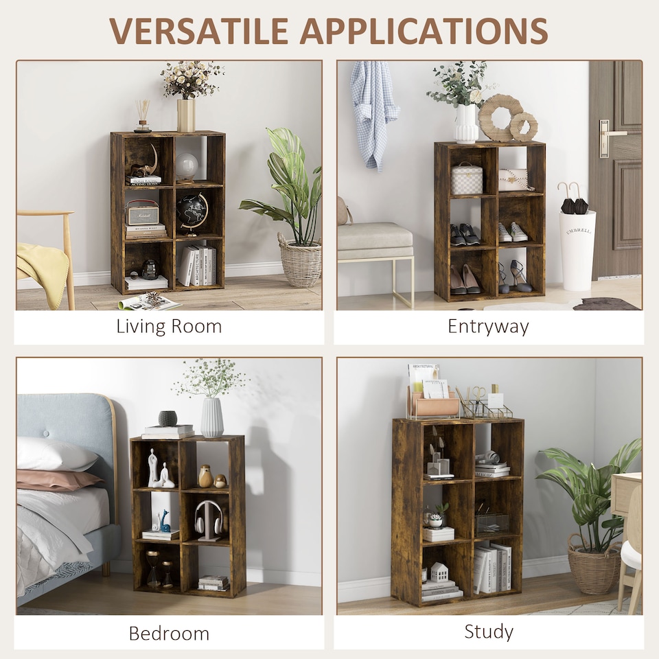 image 1 of HOMCOM 6-Cube Bookshelf, Display Shelving Unit for Home Office, Rustic Brown